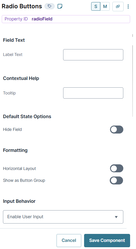 A static image displaying the Radio Buttons component's Display settings.